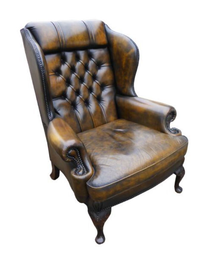 Antique Top Quality Pair of Leather Wing Back Arm Chairs