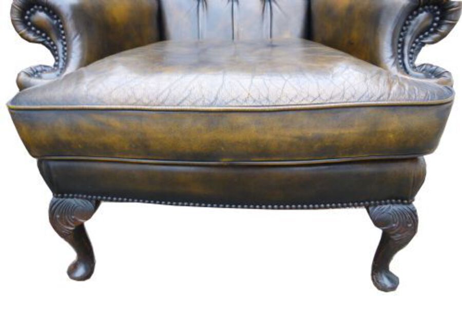 Antique Top Quality Pair of Leather Wing Back Arm Chairs