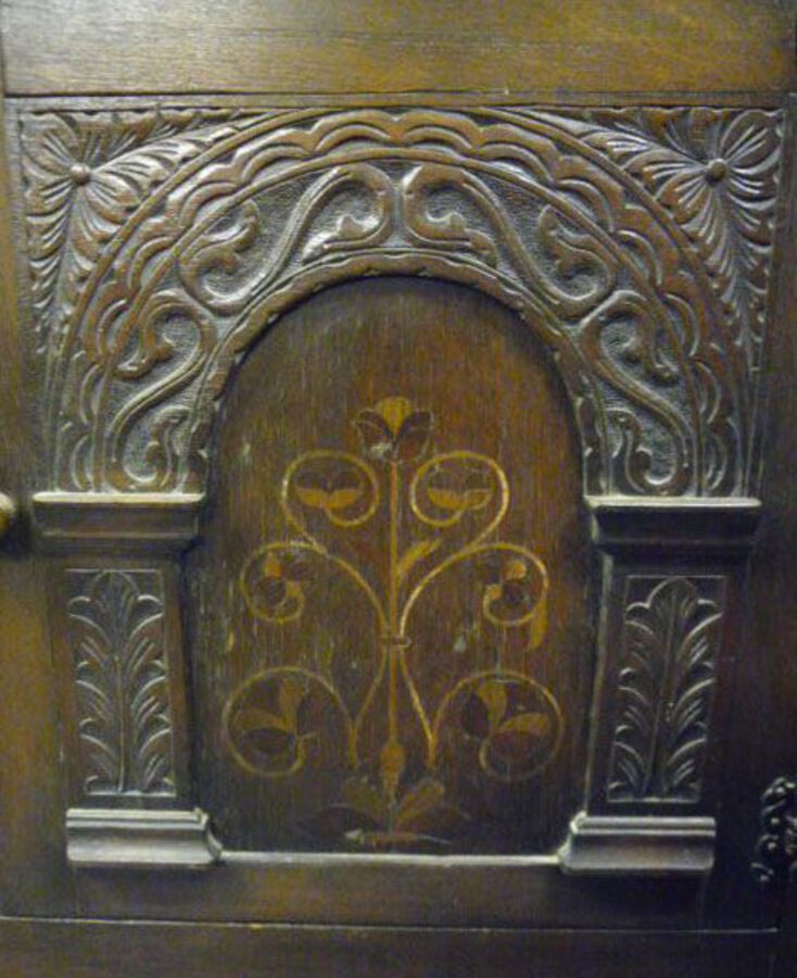 Antique 19th Century Carved Oak and Marquetry Inlaid Buffet