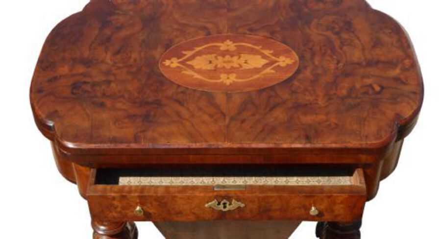 Antique Victorian Burr Walnut Work Table / Games Table