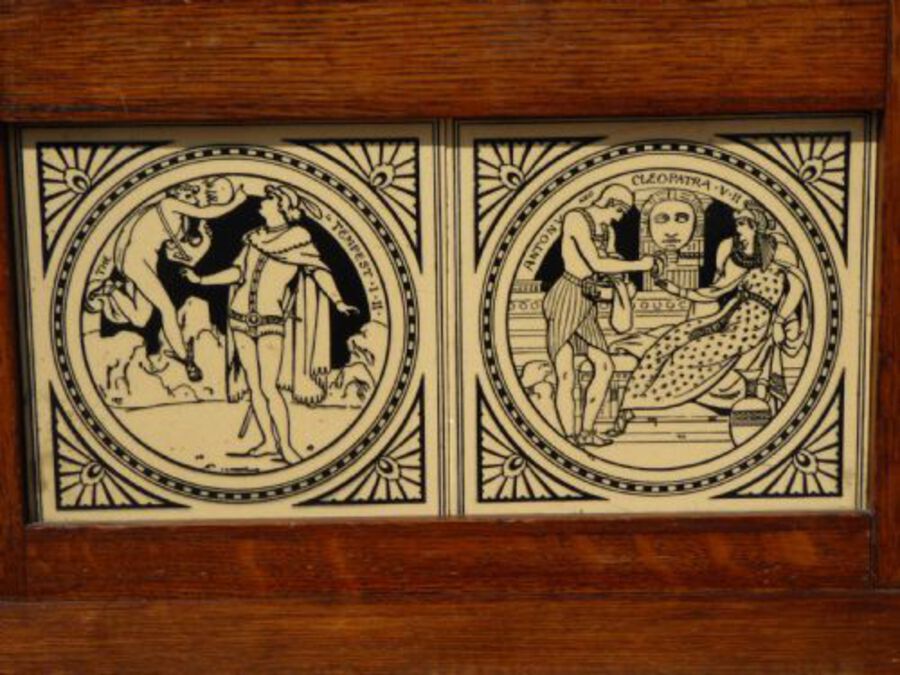 Antique Pair of Victorian Oak Hall Chairs with Doulton Tiles