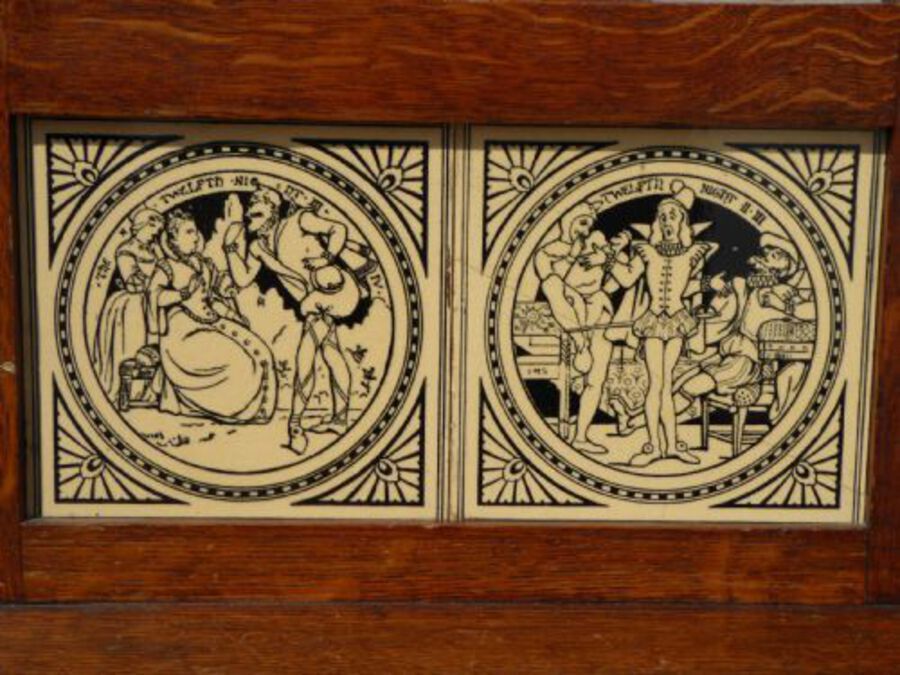 Antique Pair of Victorian Oak Hall Chairs with Doulton Tiles