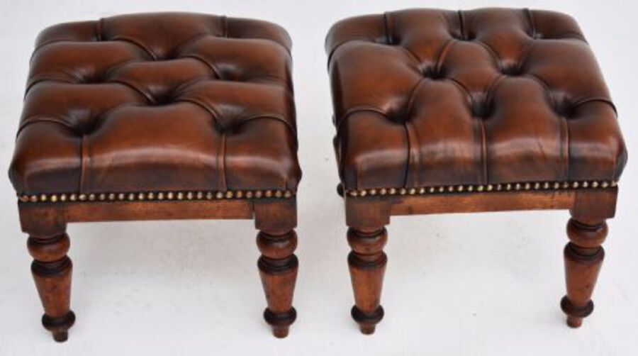Antique Pair Victorian Hand Dyed Deep Buttoned Antique Brown Leather Footstools