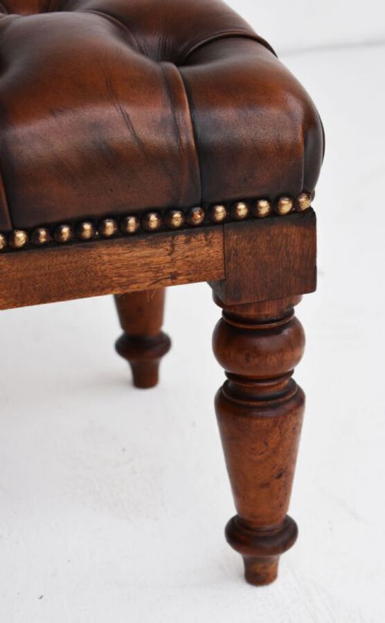 Antique Pair Victorian Hand Dyed Deep Buttoned Antique Brown Leather Footstools