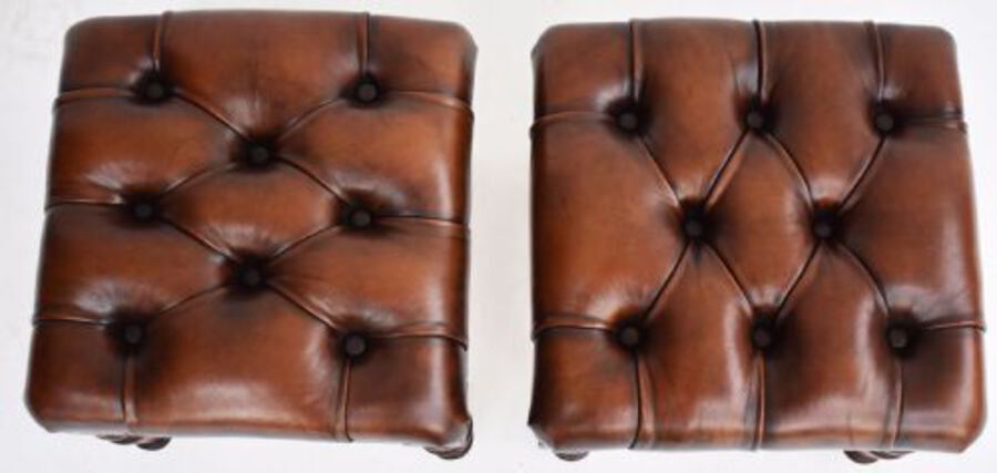 Antique Pair Victorian Hand Dyed Deep Buttoned Antique Brown Leather Footstools