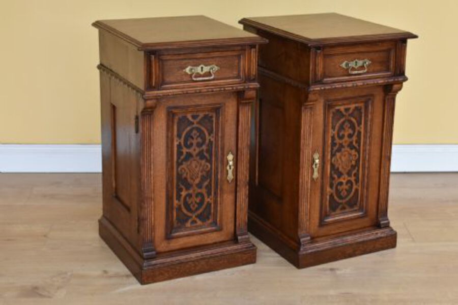 Pair Victorian Oak Carved Bedside Cupboards