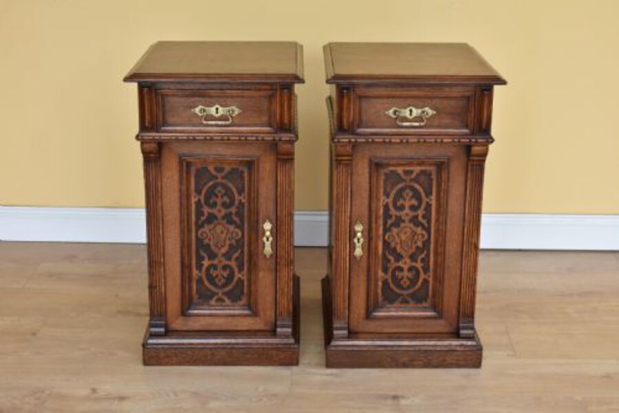 Antique Pair Victorian Oak Carved Bedside Cupboards