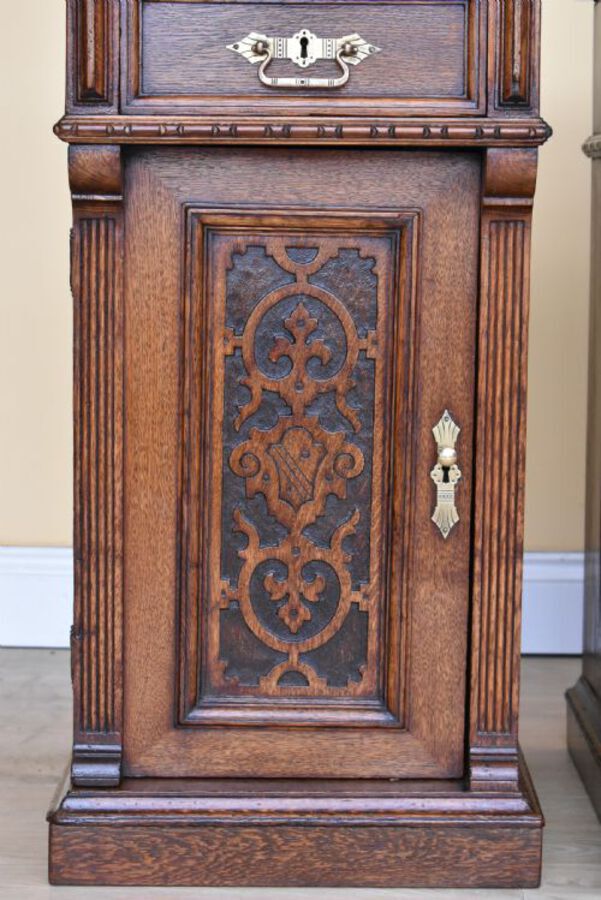 Antique Pair Victorian Oak Carved Bedside Cupboards