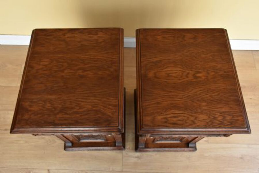 Antique Pair Victorian Oak Carved Bedside Cupboards