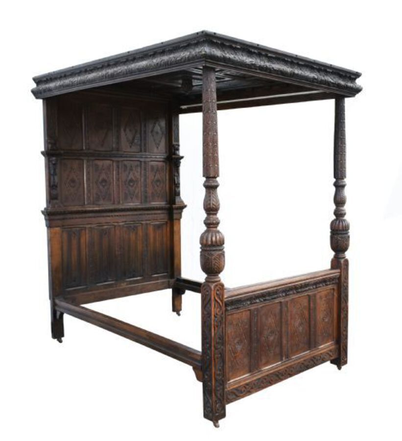 17th Century Elizabethan Carved Oak Four Poster Bed
