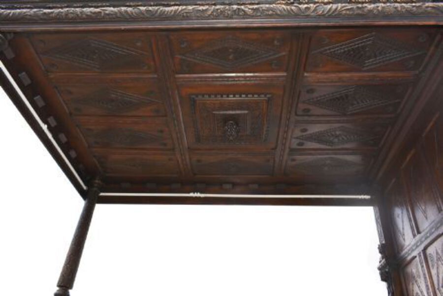 Antique 17th Century Elizabethan Carved Oak Four Poster Bed