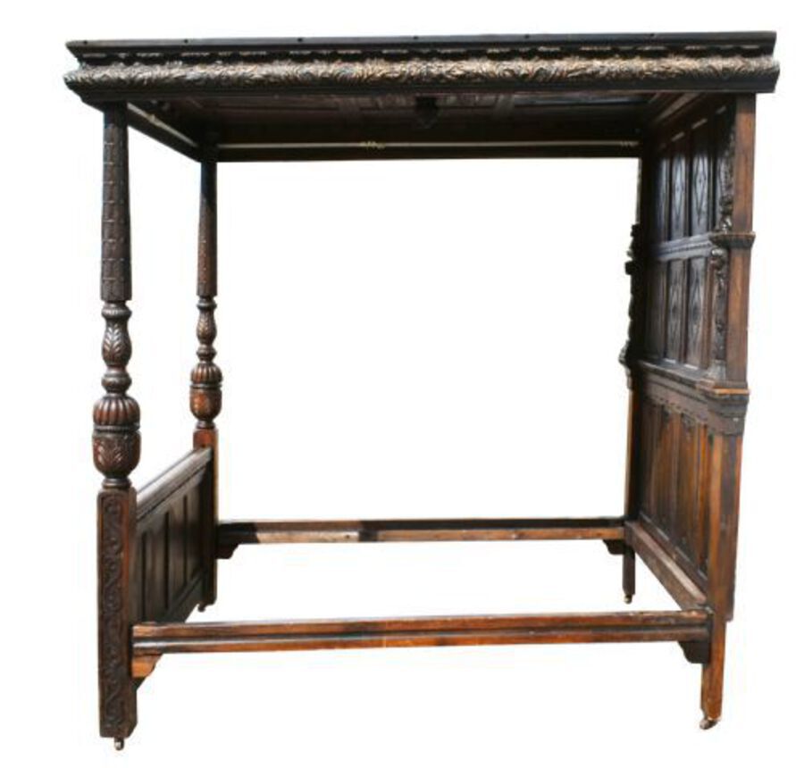 Antique 17th Century Elizabethan Carved Oak Four Poster Bed