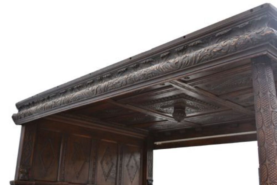 Antique 17th Century Elizabethan Carved Oak Four Poster Bed