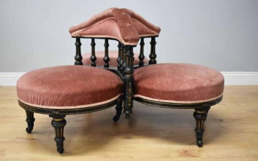 19th Century Victorian Ebonised Three Seat Conversation Seat