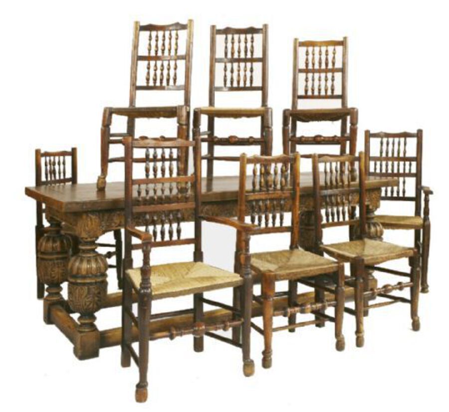 20th Century Carved Oak Refectory Table &amp; 8 Dining Chairs