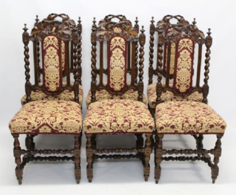 Set Eight Victorian Oak Carved Dining Chairs