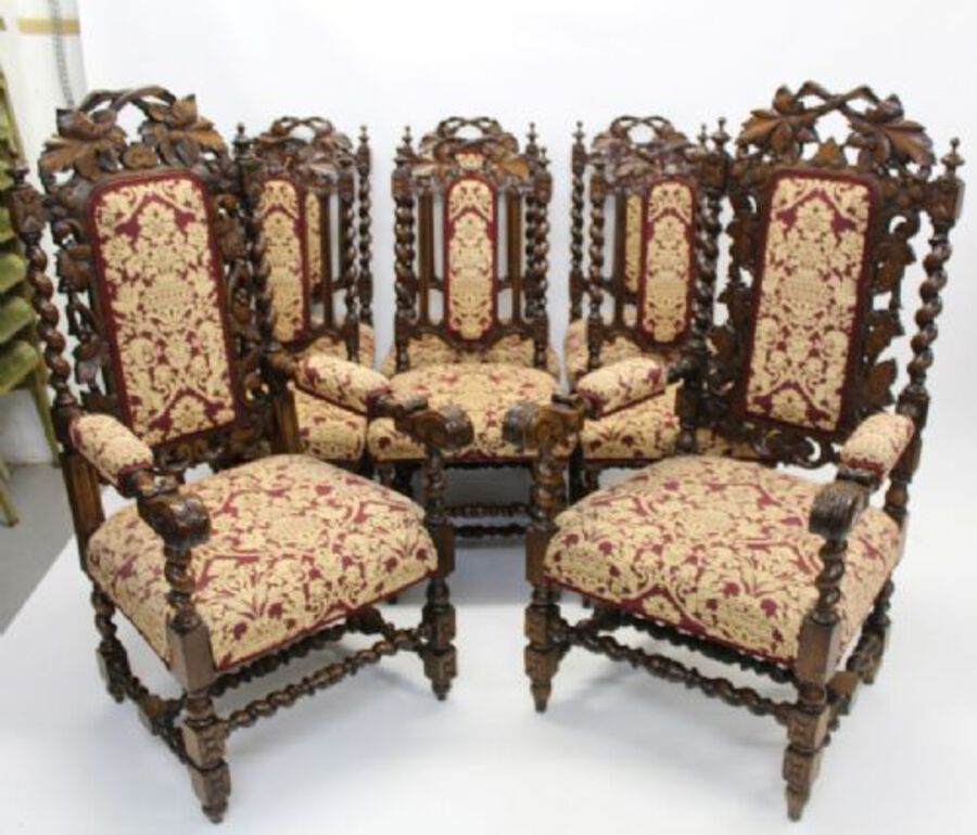 Antique Set Eight Victorian Oak Carved Dining Chairs