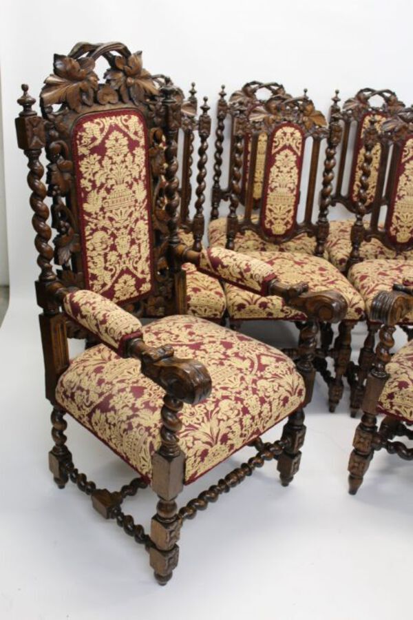 Antique Set Eight Victorian Oak Carved Dining Chairs