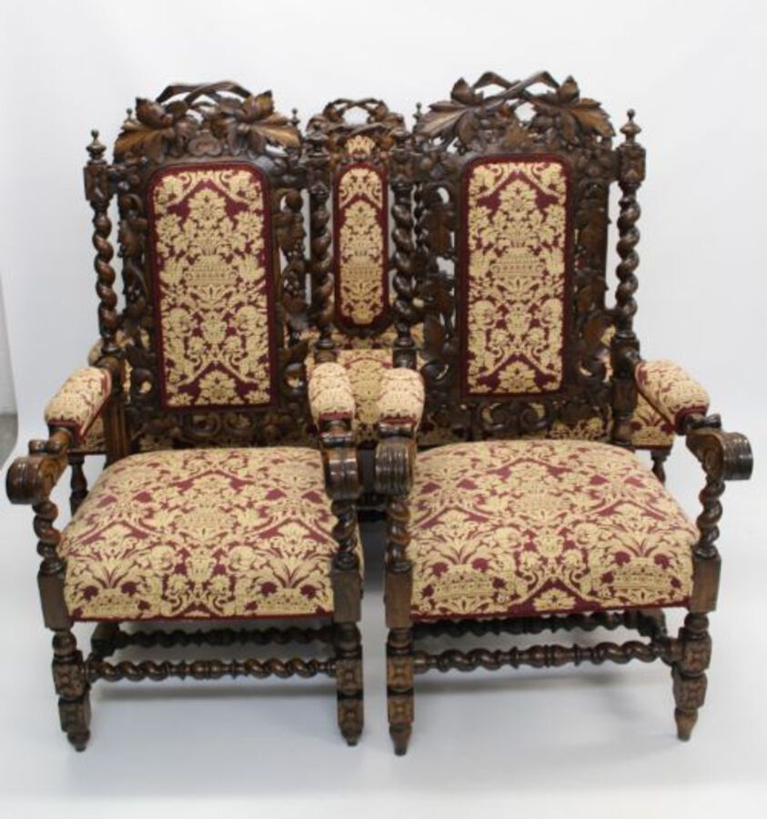 Antique Set Eight Victorian Oak Carved Dining Chairs