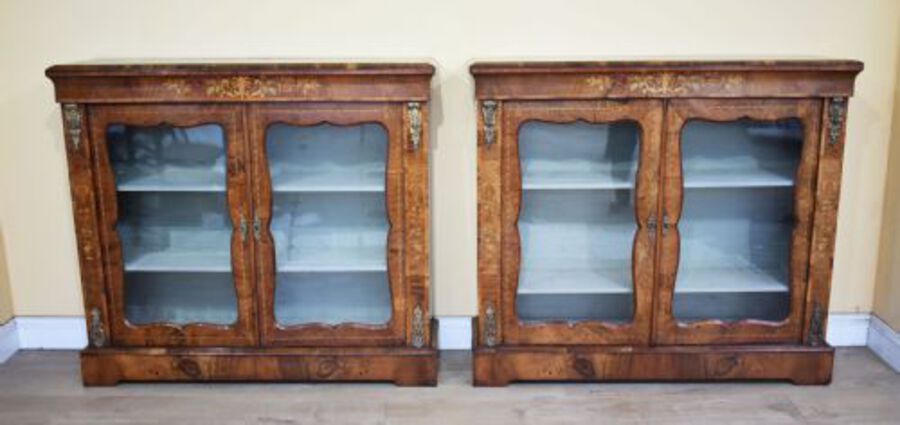Pair of 19th Century Victorian Walnut &amp; Marquetry Pier Cabinets