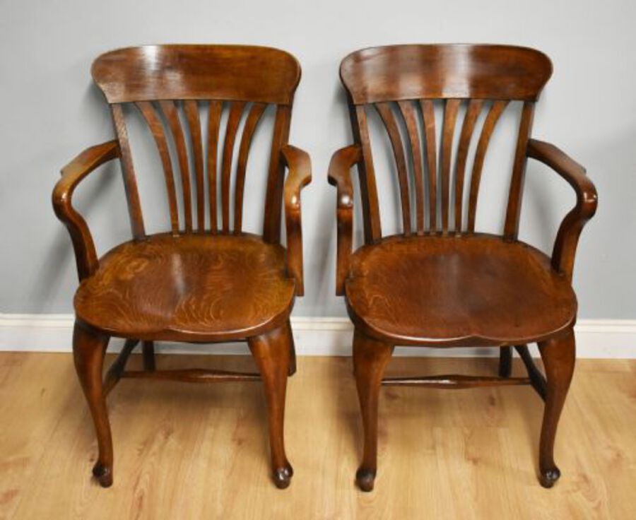 Antique Pair of Edwardian Solid Oak Desk Chairs by T. Oliver, Torquay
