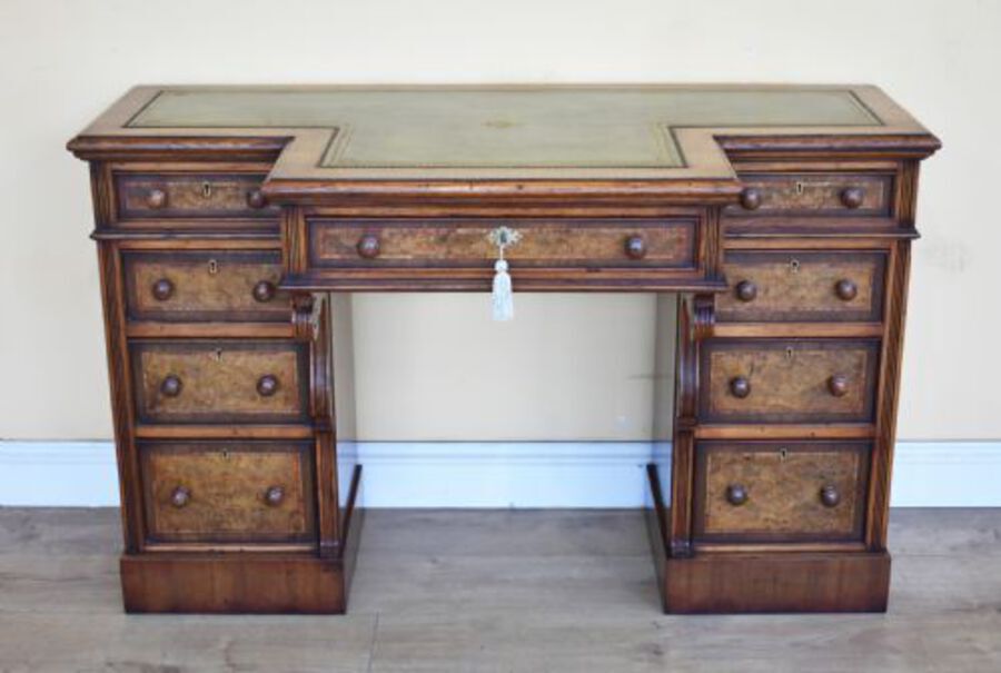 19th Century Victorian Burr Walnut Pedestal Desk