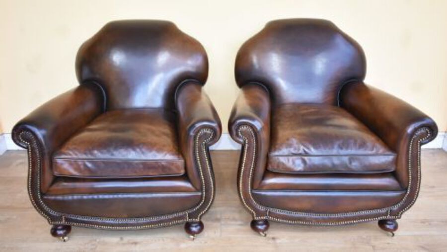 Antique Quality Pair Antique Leather Club Armchairs