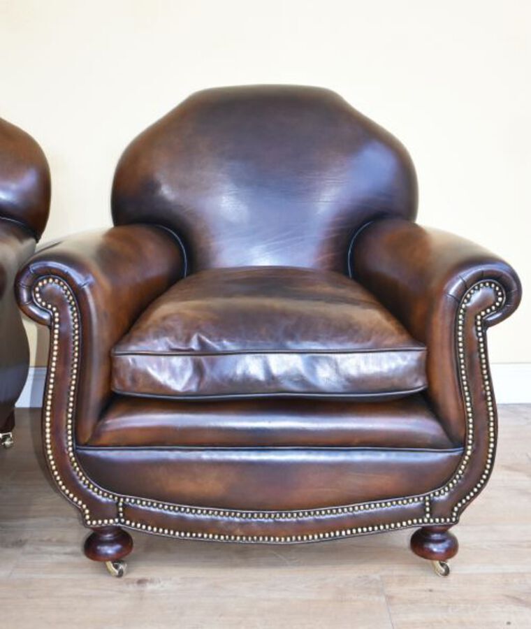 Antique Quality Pair Antique Leather Club Armchairs