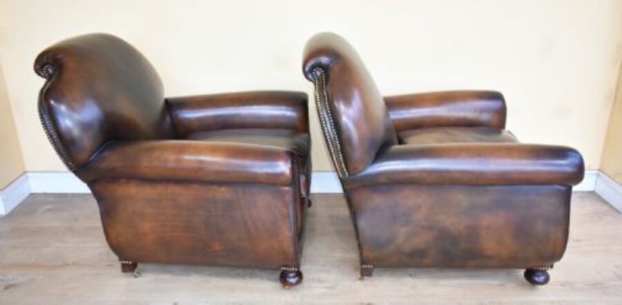 Antique Quality Pair Antique Leather Club Armchairs