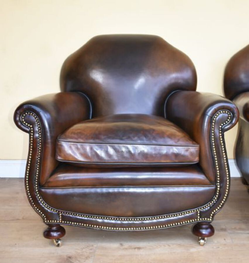 Antique Quality Pair Antique Leather Club Armchairs