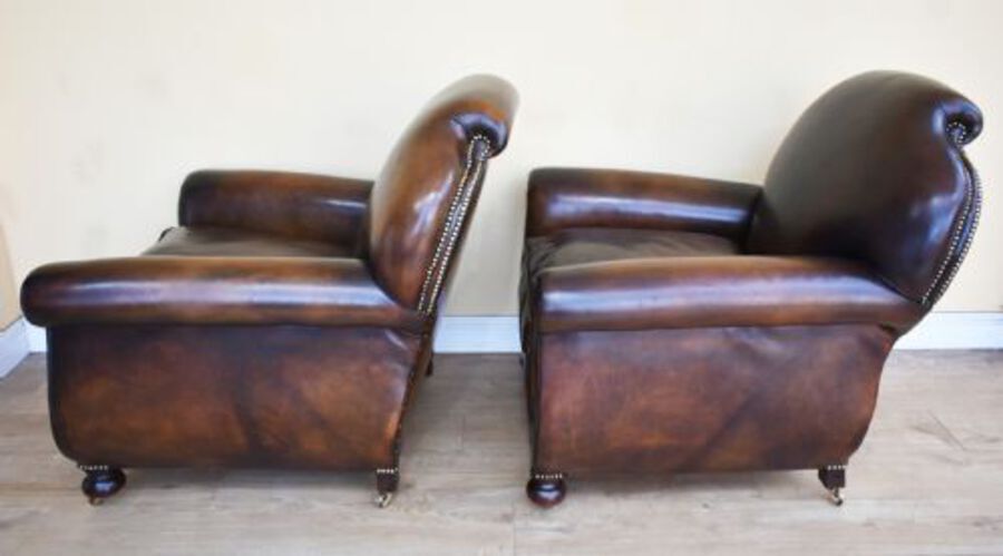 Antique Quality Pair Antique Leather Club Armchairs
