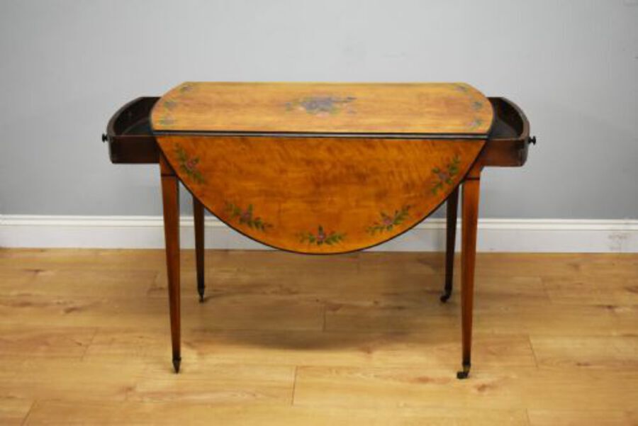 Antique 20th Century Edwardian Mahogany Hand Painted Satinwood Pembroke Table