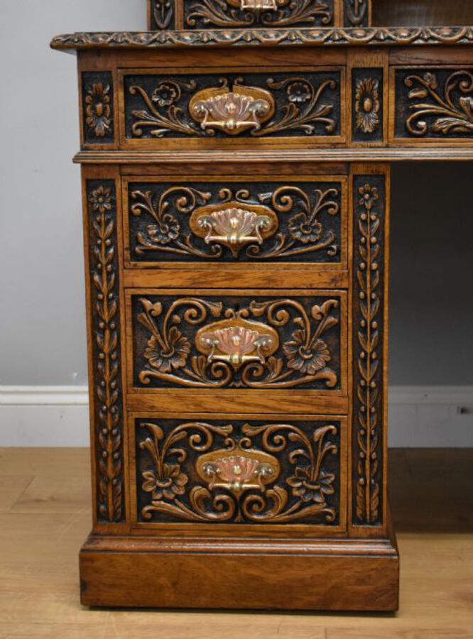 Antique 19th Century Victorian Carved Oak Pedestal Desk