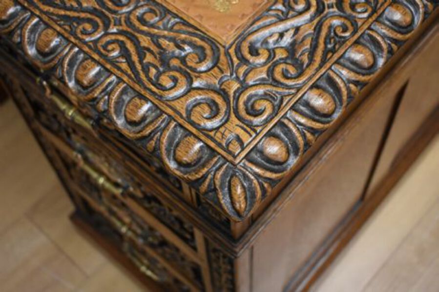 Antique 19th Century Victorian Carved Oak Pedestal Desk