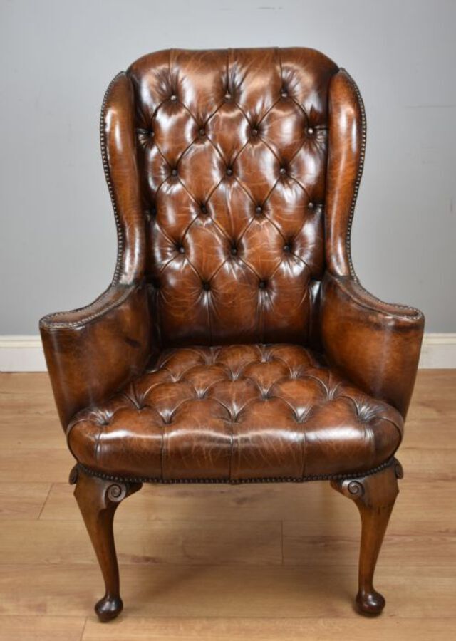 Antique 20th Century Hand Dyed Distressed Tan Leather Wingback Armchair