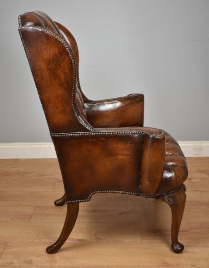 Antique 20th Century Hand Dyed Distressed Tan Leather Wingback Armchair
