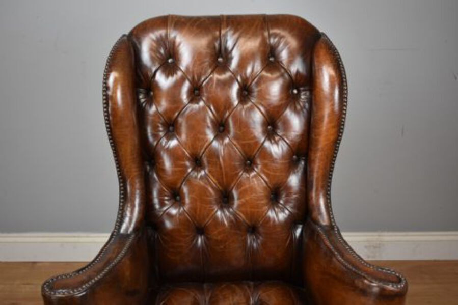 Antique 20th Century Hand Dyed Distressed Tan Leather Wingback Armchair
