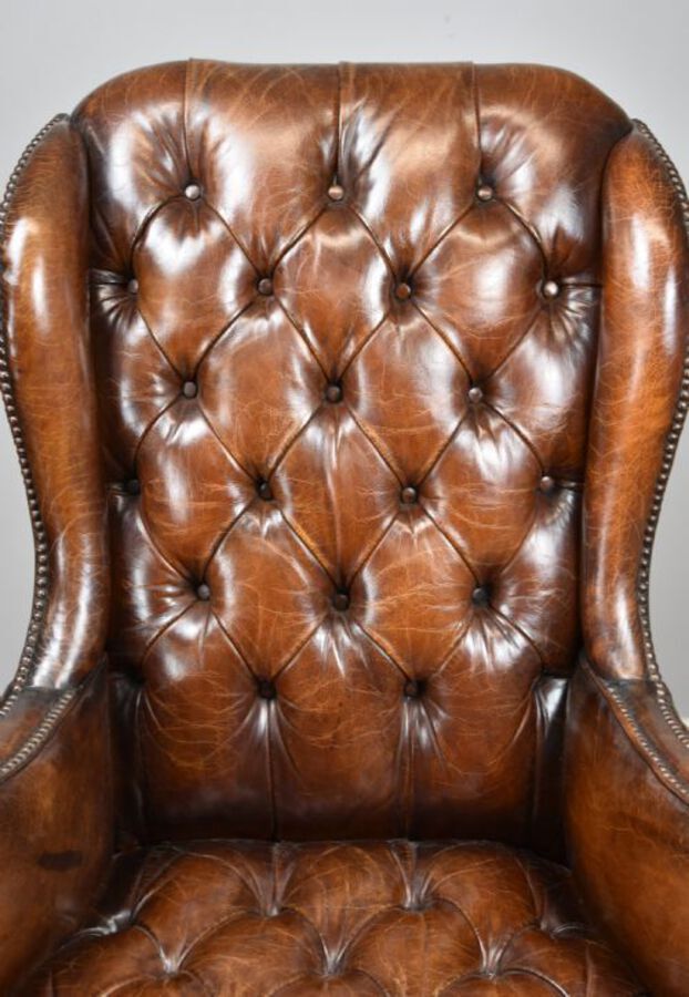 Antique 20th Century Hand Dyed Distressed Tan Leather Wingback Armchair