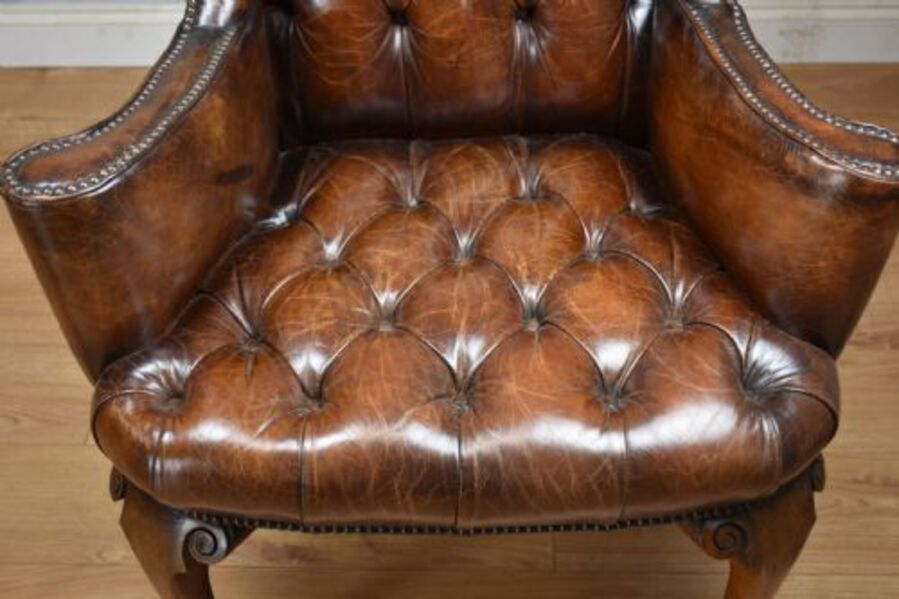 Antique 20th Century Hand Dyed Distressed Tan Leather Wingback Armchair