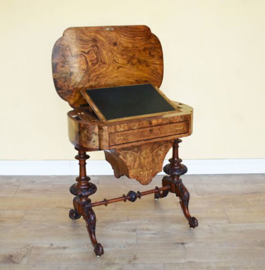 Antique 19th Century Victorian Burr Walnut Work Table / Writing Table