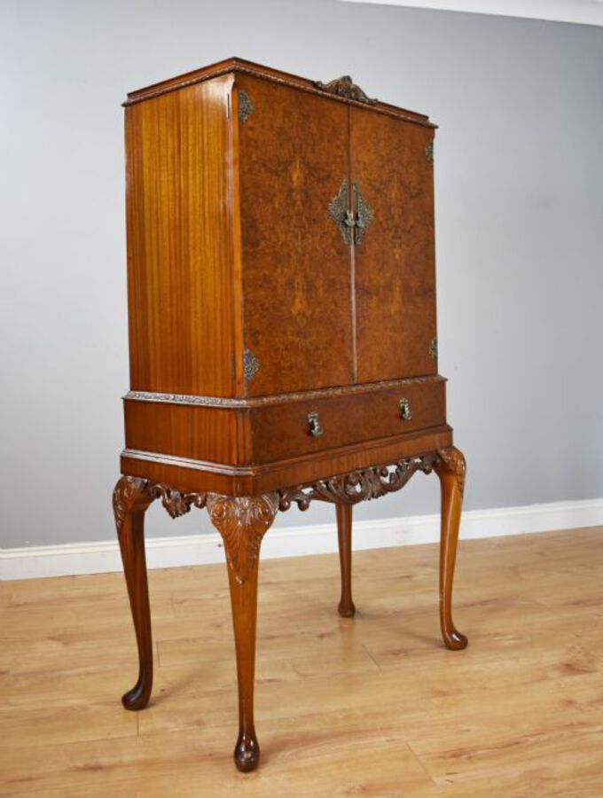 Antique 20th Century Queen Anne Style Burr Walnut Cocktail Cabinet