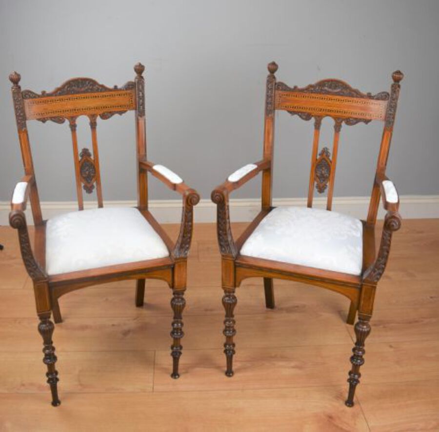 Antique Pair Victorian Inlaid Mahogany Chairs