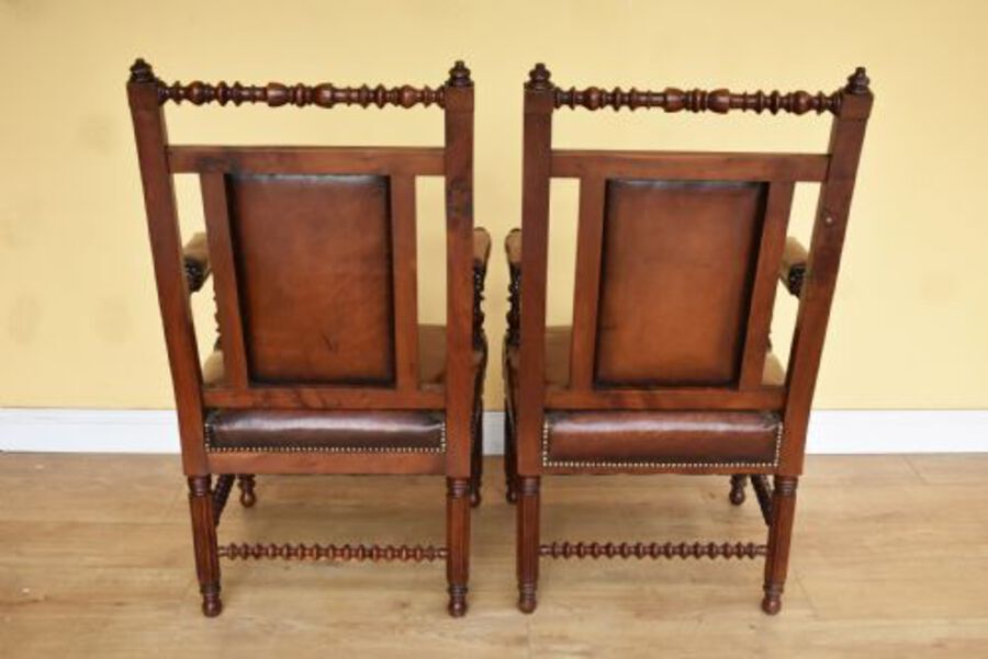 Antique Pair of 19th Century Victorian Walnut Gothic Revival Armchairs