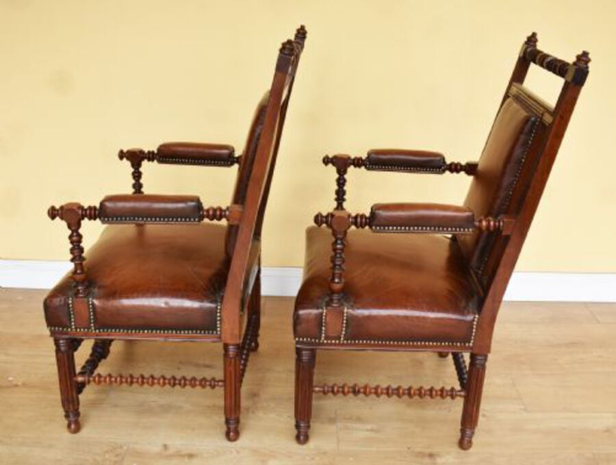 Antique Pair of 19th Century Victorian Walnut Gothic Revival Armchairs