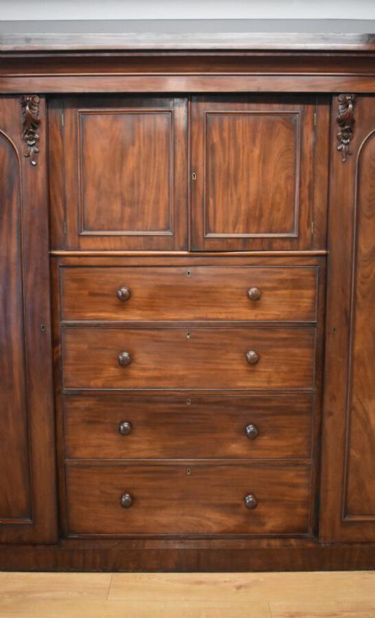 Antique 19th Century Victorian Mahogany Breakfront Triple Wardrobe