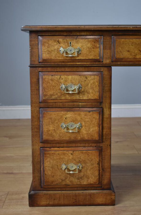 Antique 19th Century Victorian Burr Walnut Pedestal Desk 