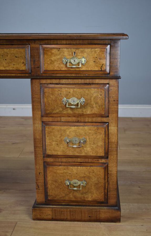 Antique 19th Century Victorian Burr Walnut Pedestal Desk 