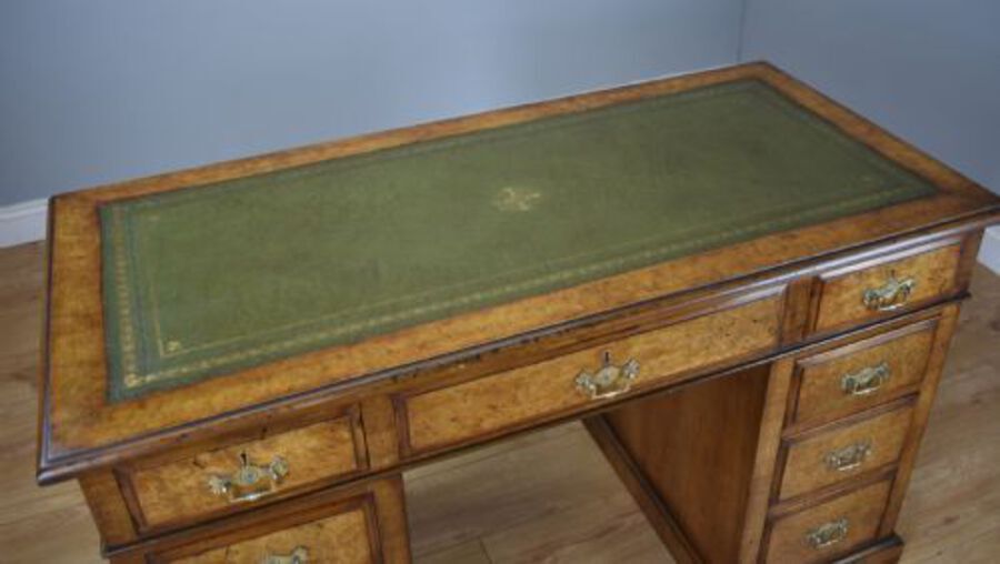 Antique 19th Century Victorian Burr Walnut Pedestal Desk 