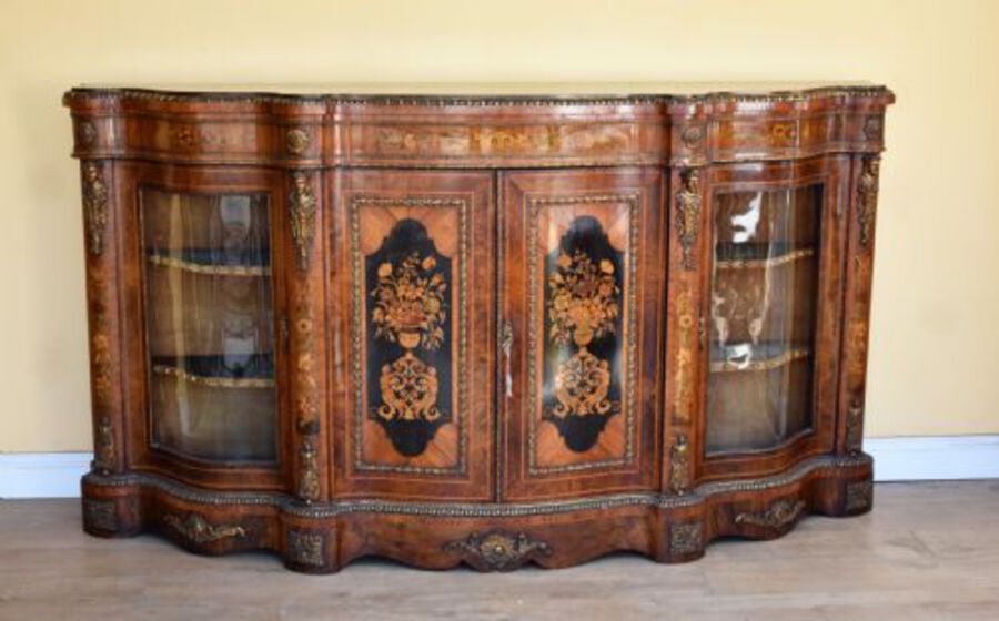 19th Century Victorian Burr Walnut and Marquetry Serpentine Credenza