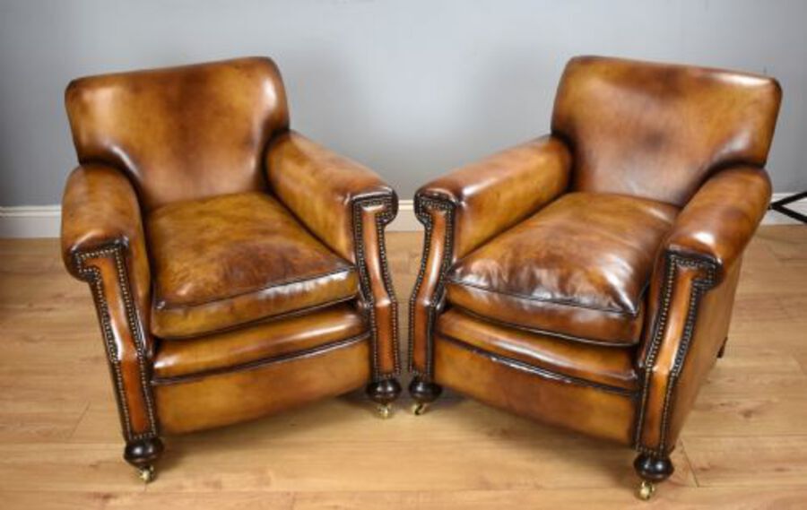Pair of 1920's Hand Dyed Biscuit Brown Leather Club Chairs
